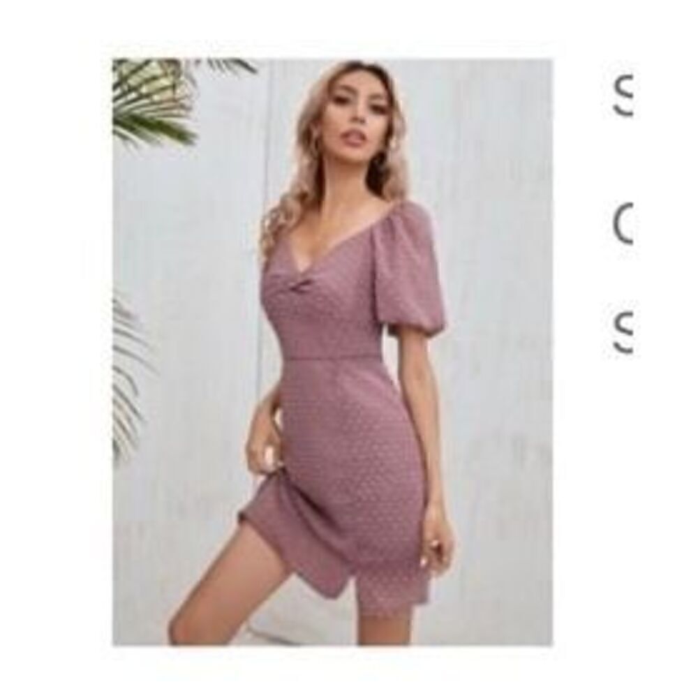 Shein Swiss Dot Bishop Sleeve Chiffon Dress Dusty Pink size S
